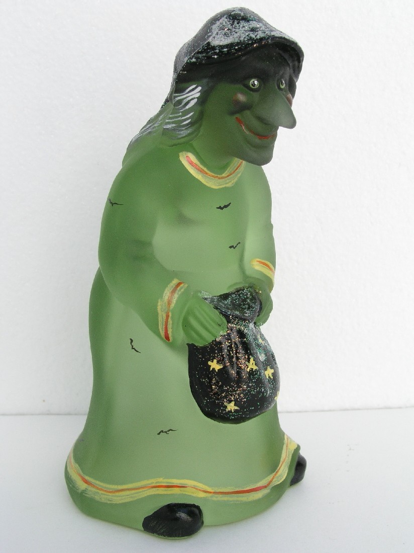 Fenton Art Glass Satin Green Halloween Witch Sparkles Bats Bag artist C. Smith
