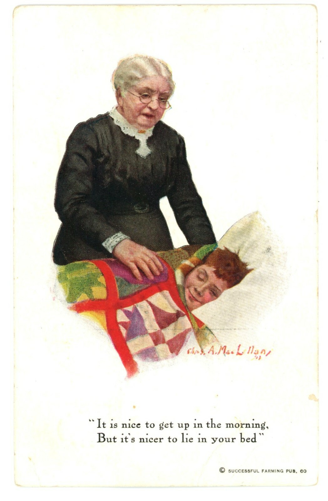 Boy in Bed Grandmother Quilt Postcard 1917 Chas MacLellan Successful Farming