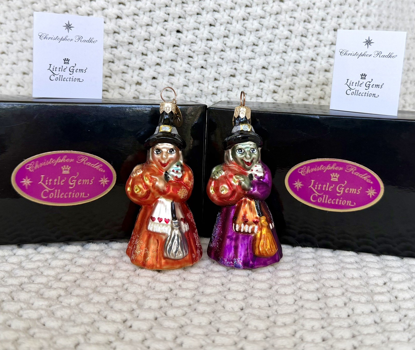 Vintage Retired Chris Radko Halloween Witch Agnes Endora Gem Glass Ornament Set