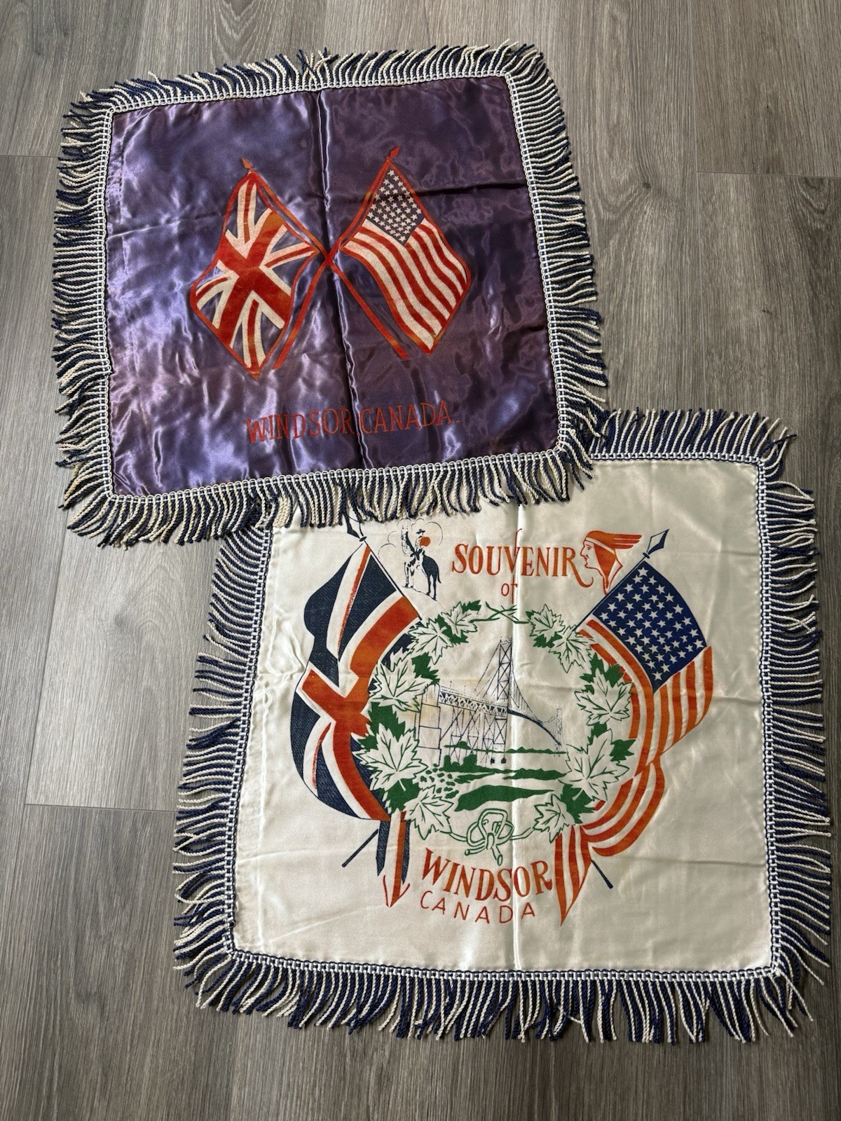 Vintage Windsor Canada Pillow Covers Satin Bridge Flags Fringe Souvenirs