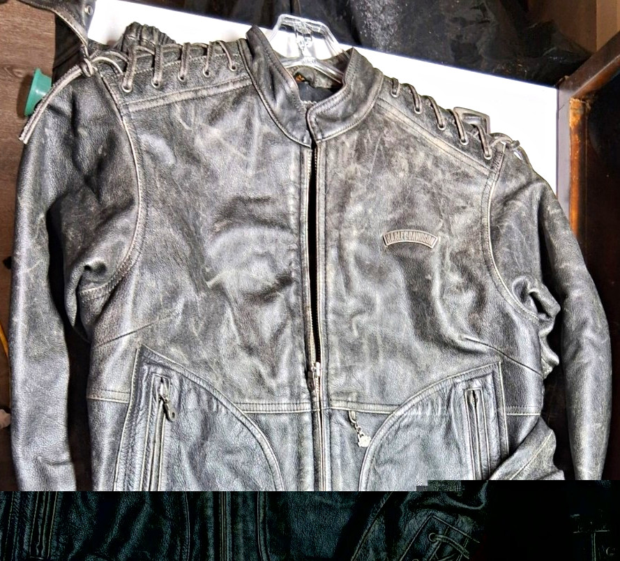 Harley-Davidson Genuine Leather Jacket Gray/Black Wash Lace-Up Eagle Back+ Chaps