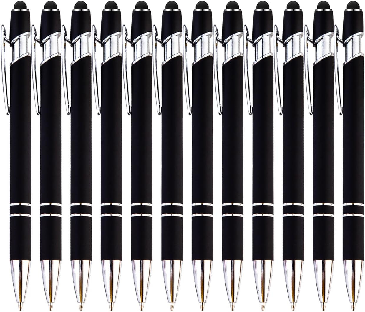 12-Piece Black Ballpoint Pen with Stylus Tip, 2 in 1 Stylish Metal Touch Screen