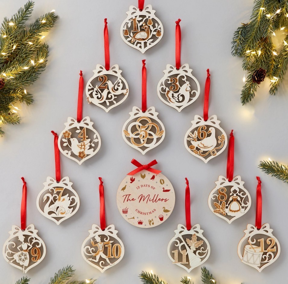 Personalized 12 Days of Christmas Wood Ornament Set Family Name 13 Piece