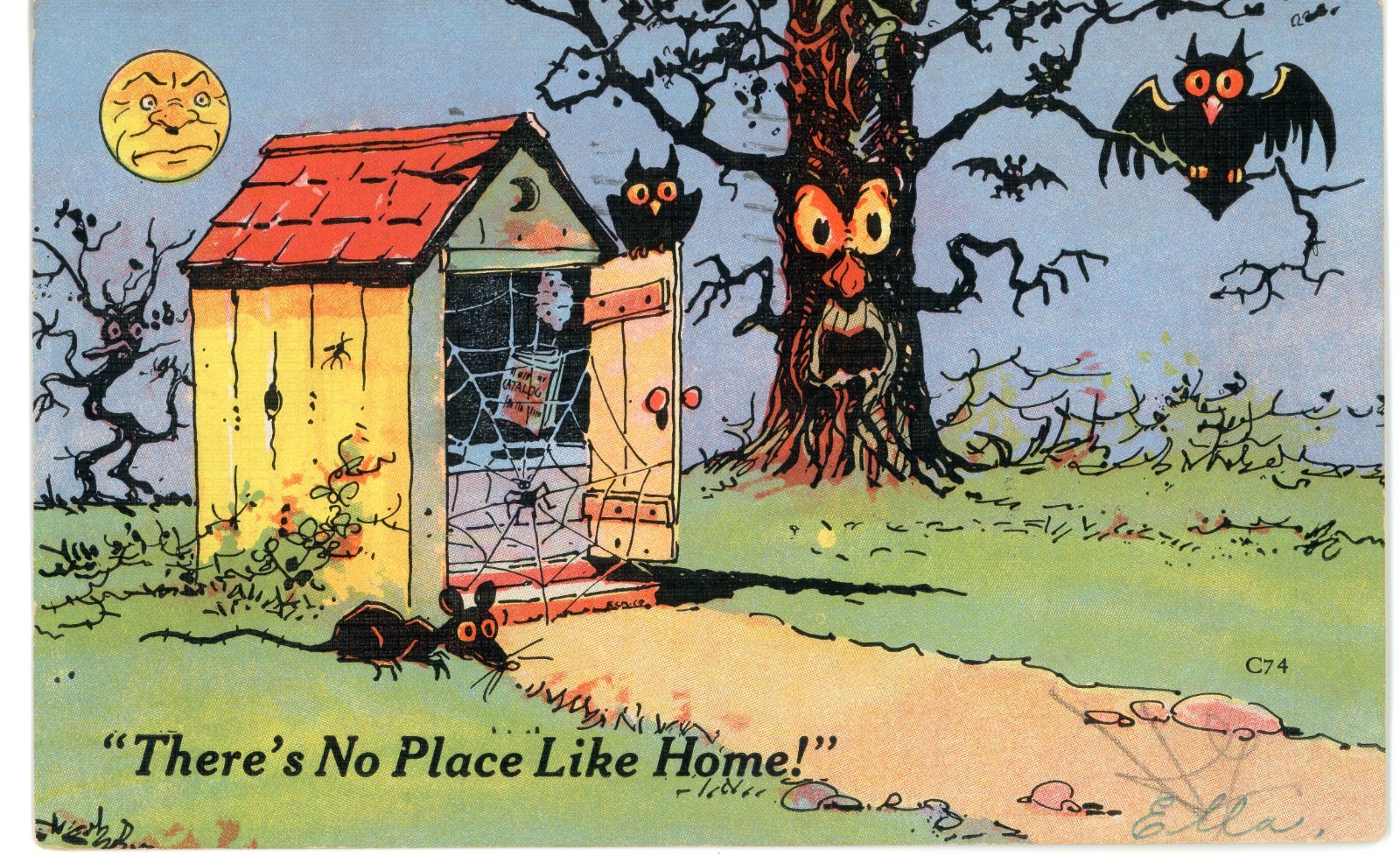 HALLOWEEN, Owl, spiderweb, full moon, 1943 Postcard RPPC