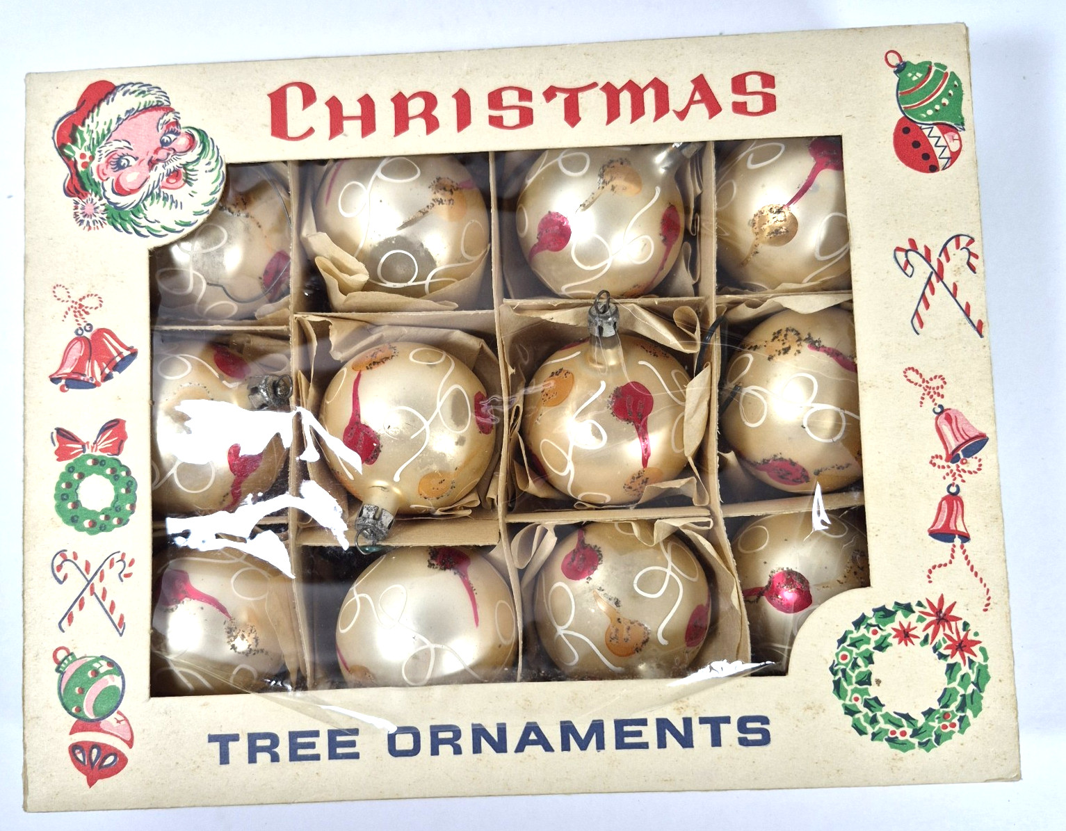 Vintage Box of 12 Lot of Poland Mercury Christmas Ornaments Glass Balls Gold