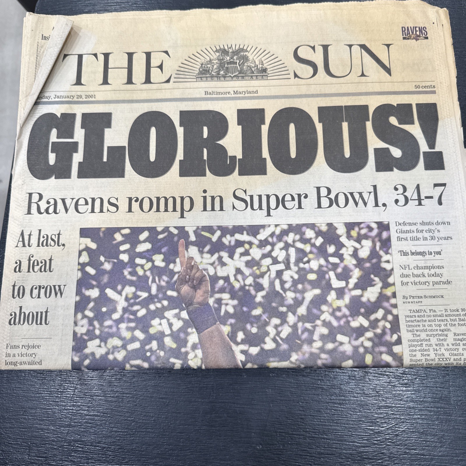 2001 The Baltimore Sun : Glorious: Ravens Romp in Super Bowl, 34-7