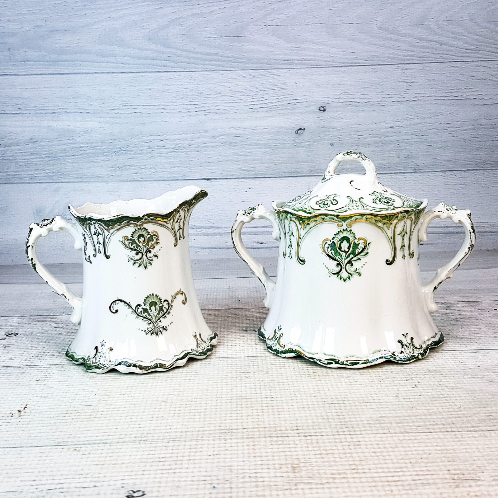 Antique J&C Chatham Meakin Hanley Creamer & Covered Sugar Bowl Green w Gold