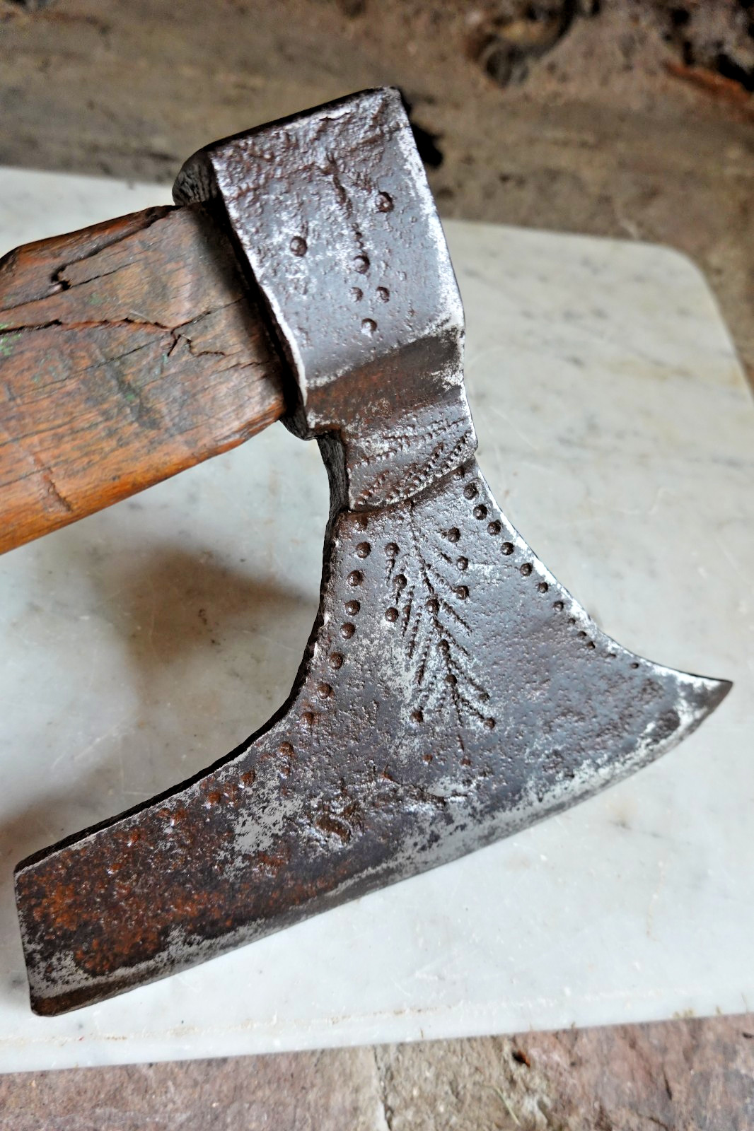Antique FORGED IRON GOOSEWING BEARDED BROAD AXE NICELY DECORATED Timber Framer