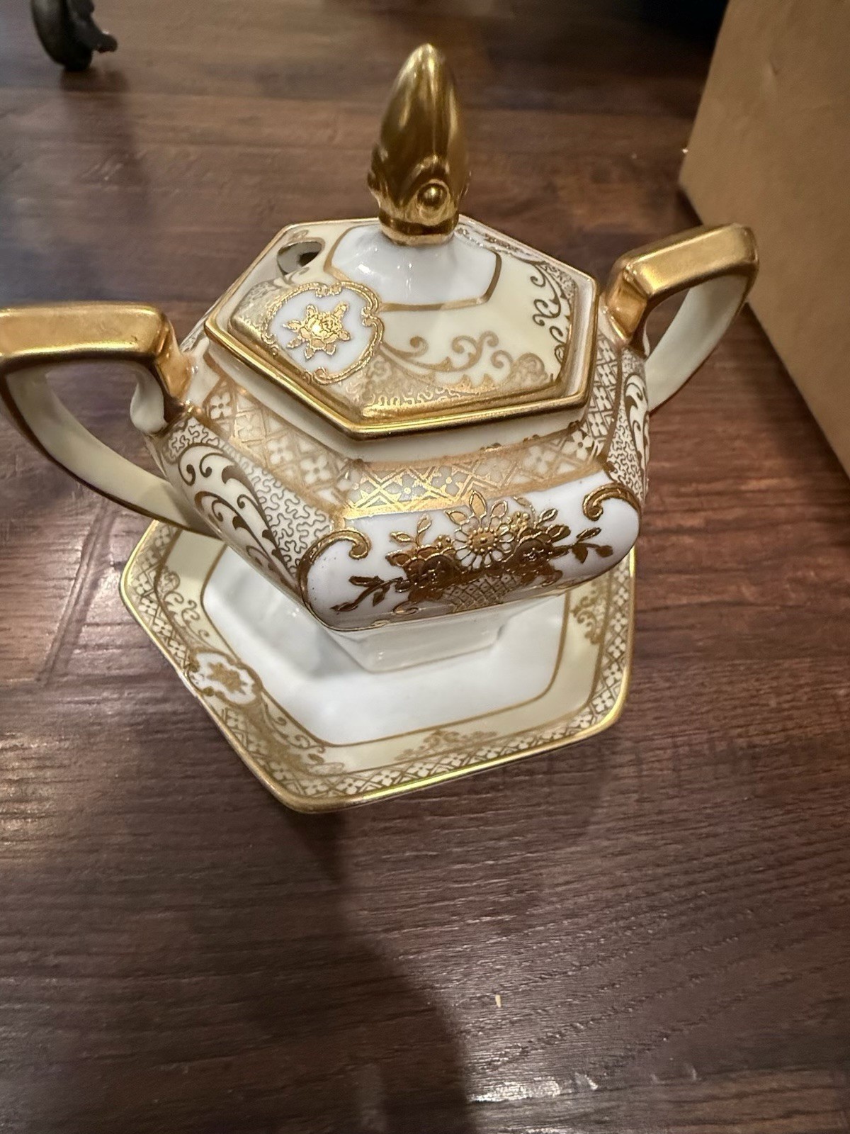 Antique Noritake M Wreath Gold Hand Painted Mustard Jar Lid Underplate Japan