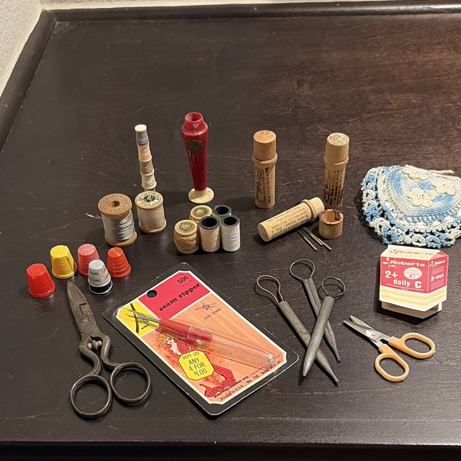 Vintage Sewing Notions Lot: Scissors Seam Ripper Thread Spools Bobbins Thimbles