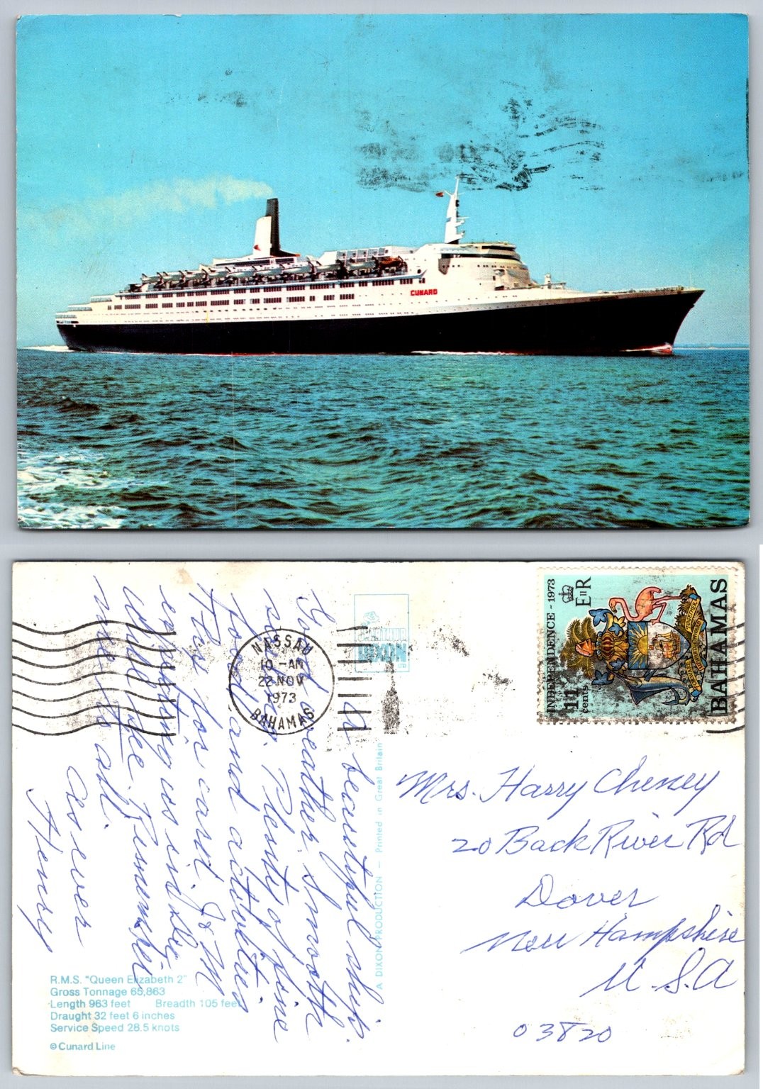 RMS Queen Elizabeth 2 QE2 Ocean Liner Ship Bahamas 1973 Postcard Cunard