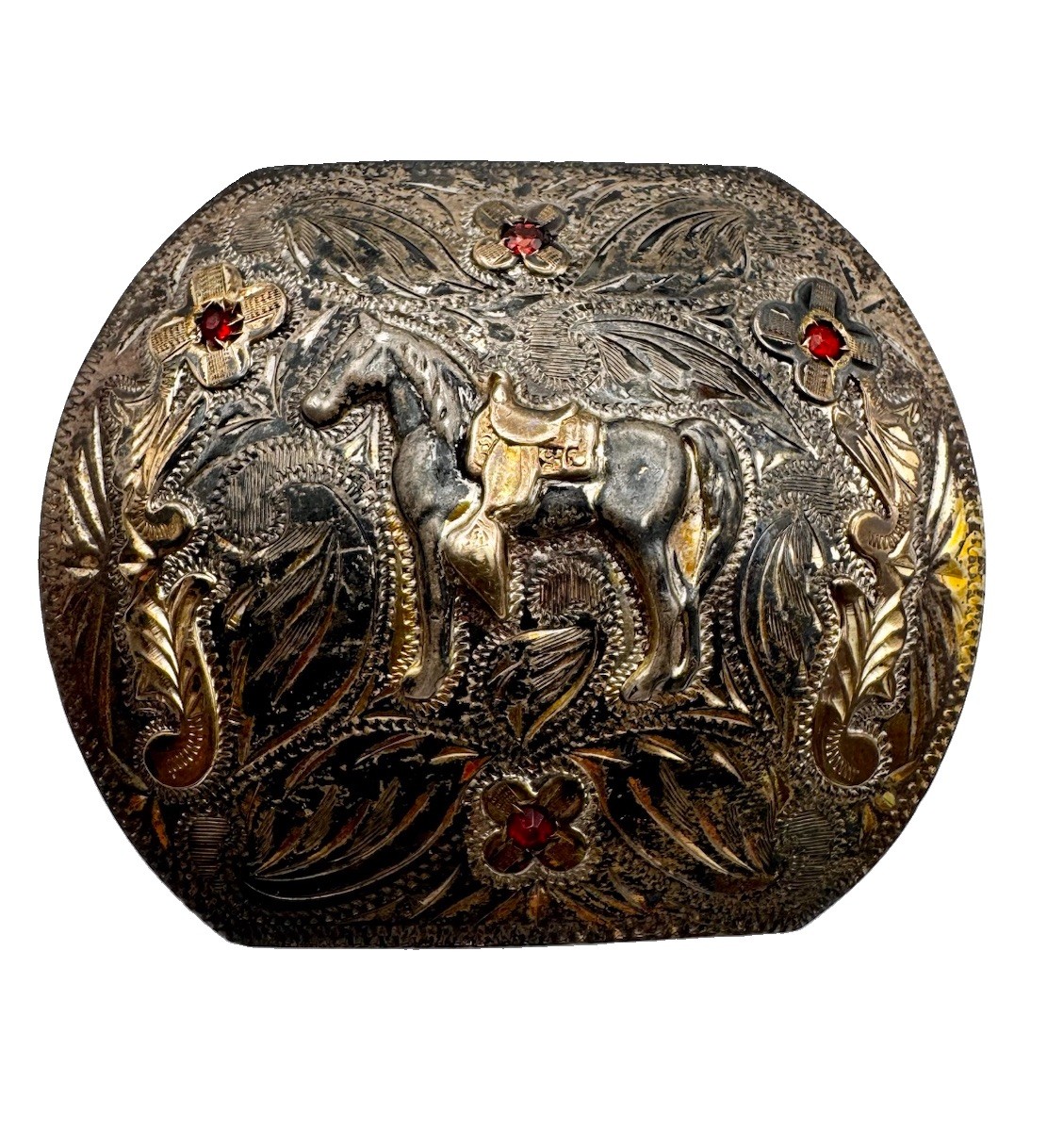 Early *RARE* Ricardo Sterling Silver 10K Gold Ruby Handmade Western Belt Buckle