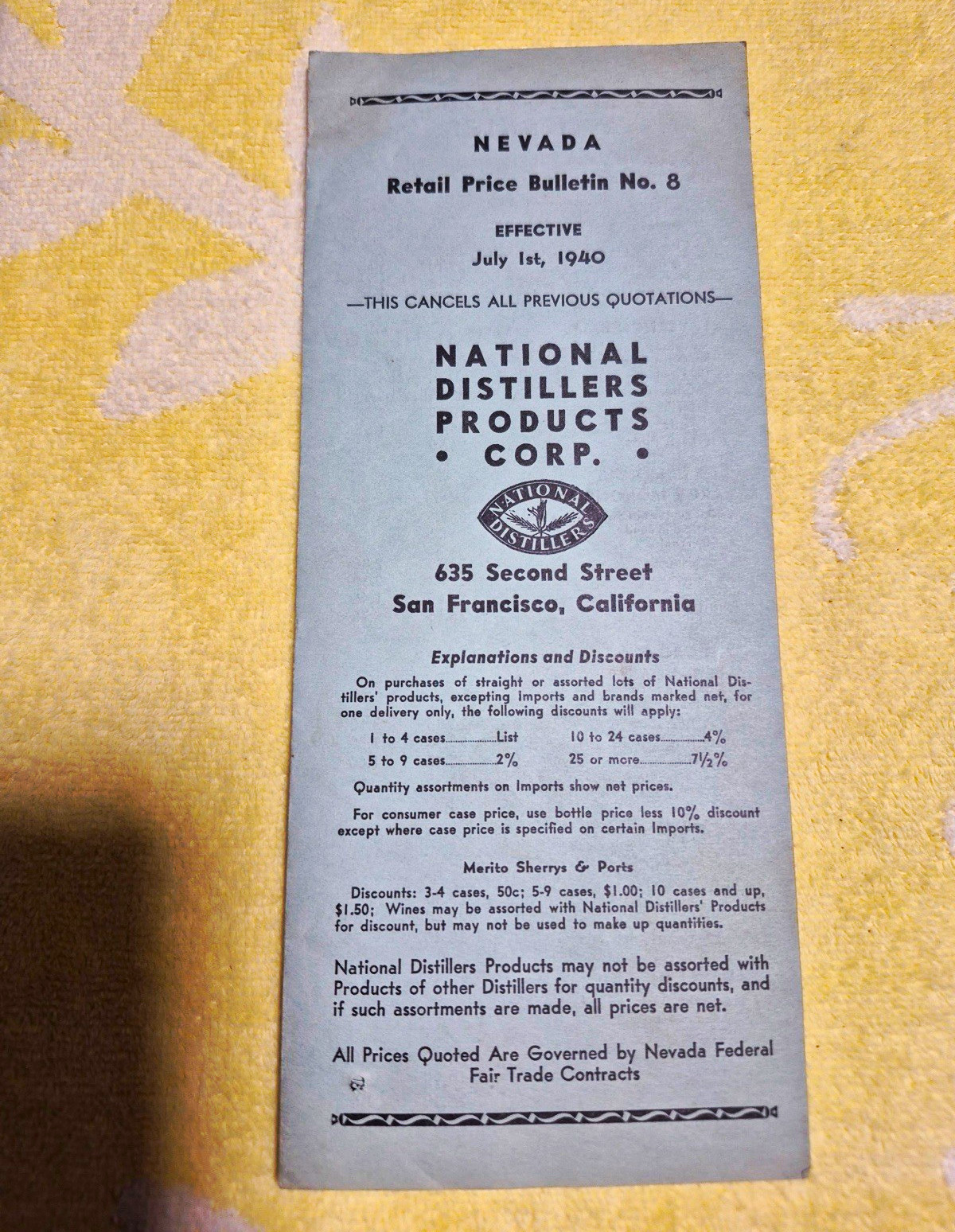 National Distillers Products Corp Nevada Retail Price Bulletin 1940