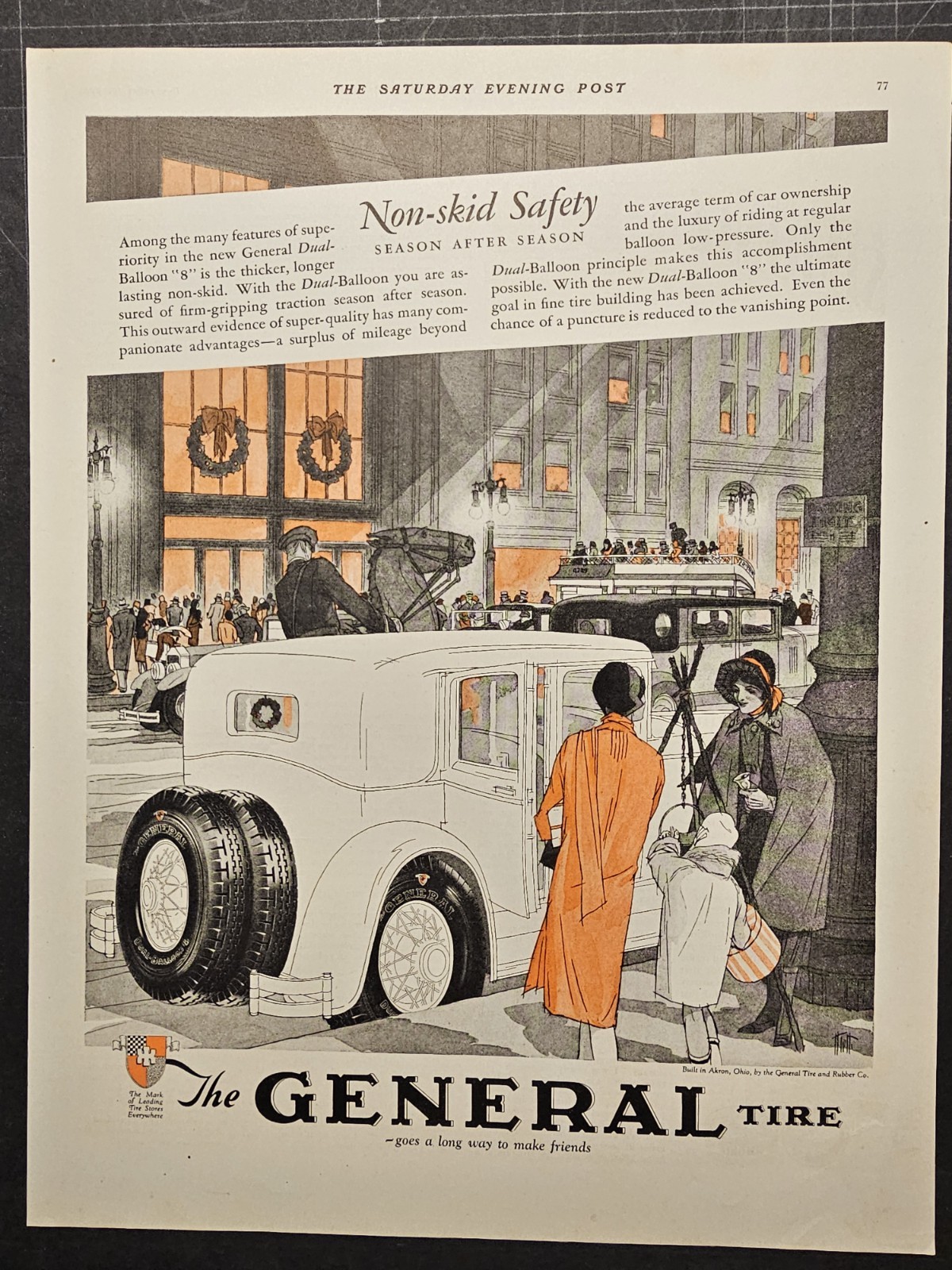 1928 magazine ad for General Tire, non-skid safety year after year