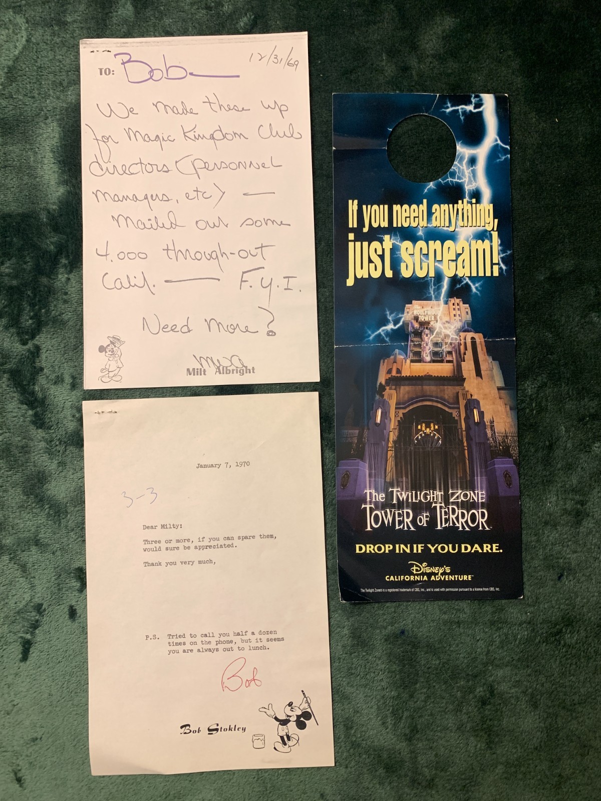 Disneyland DCA Tower Of Terror door hanger + 2 vintage disneyland documents rare