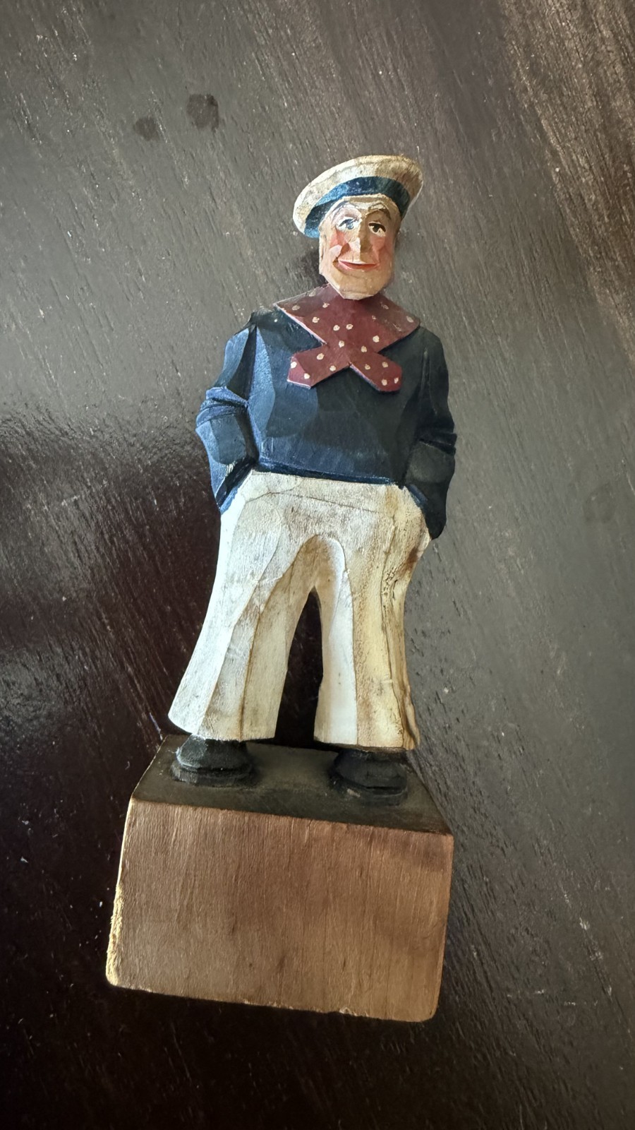 Vintage Quebec Folk Art Hand Carved Wood Sailor Figure Signed Hand Painted 4.25\ Vintage Quebec Folk Art Hand Carved Wood Sailor Figure Signed Hand Painted 4.25\