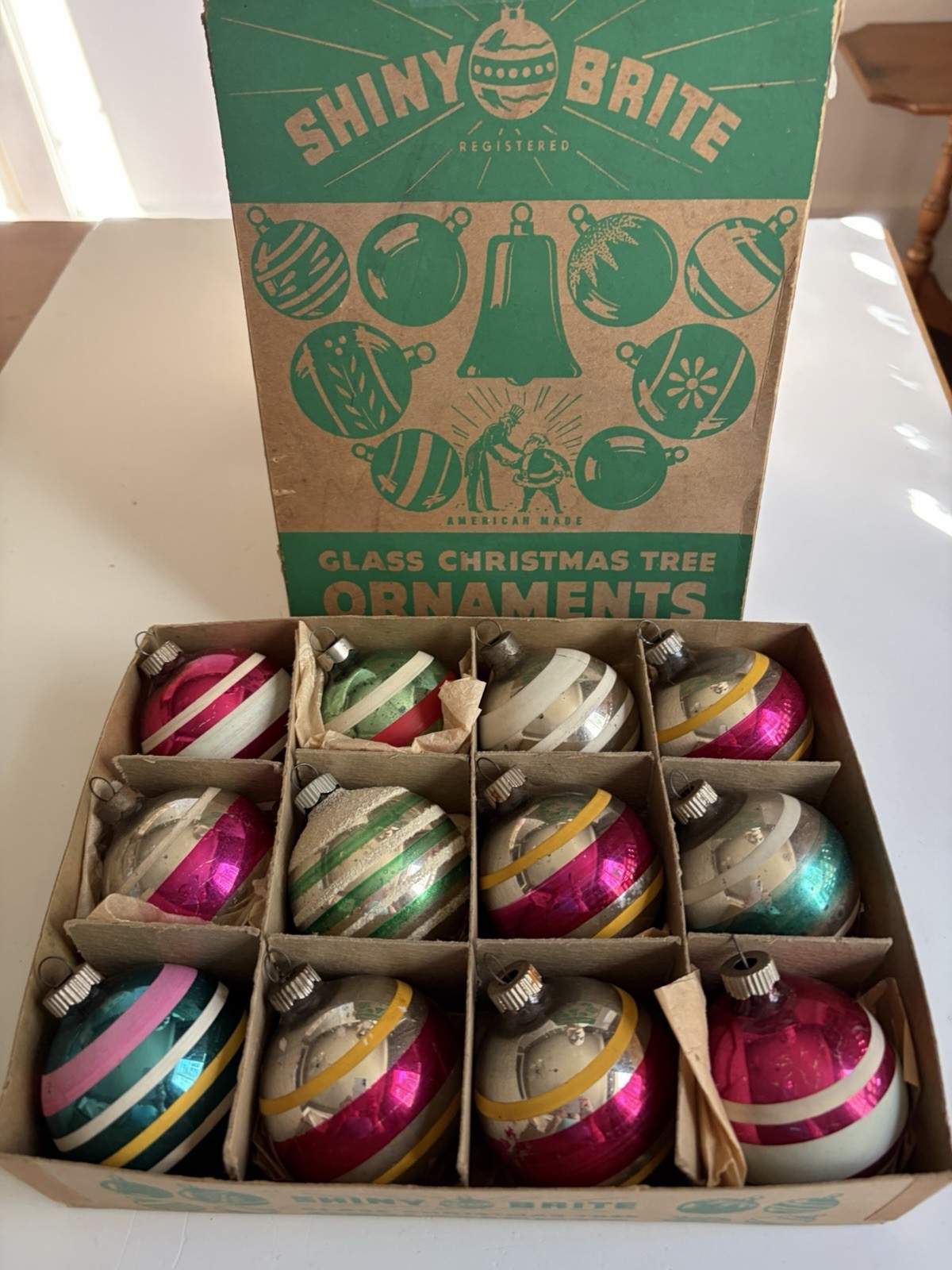 VTG SHINY BRITE STRIPED MICA ORNAMENTS- UNCLE SAM SANTA BOX- 12