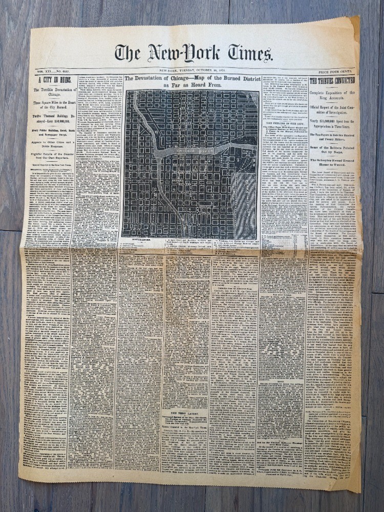 Front Page New York Times Newspaper, October 10, 1871 Devastation of Chicago