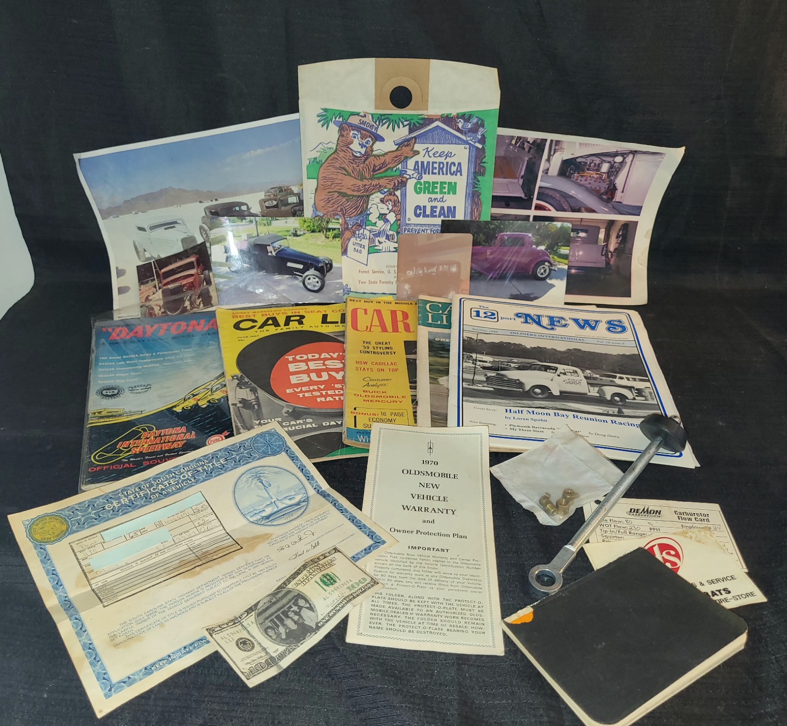 Vintage Auto Memorabilia Junk Drawer Lot Car Life Magazines Smokey Bear Parts