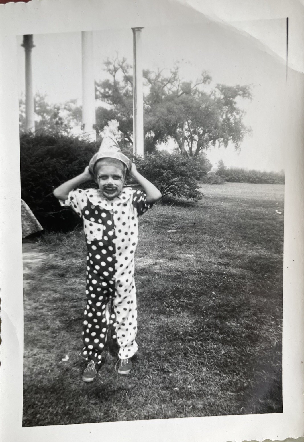 CREEPY CLOWN KID Boy In Halloween Costume Vintage Photo 1950s