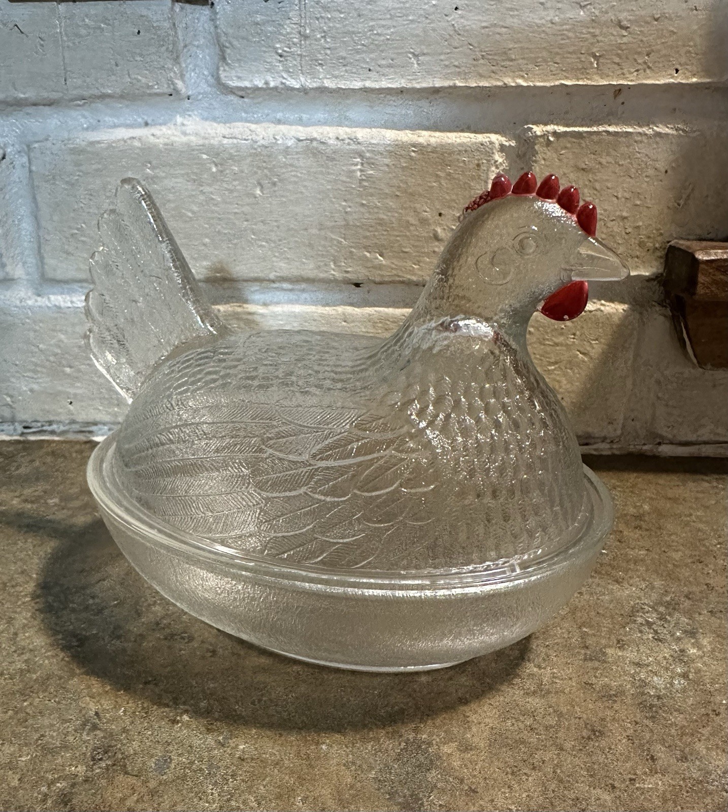 Vintage Indiana Glass Company Hen On Nest Clear Glass With Red Comb 