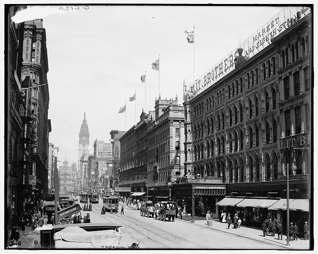 Photo:Philadelphia Pennsylvania Market St 1900s streetcars downtown flags