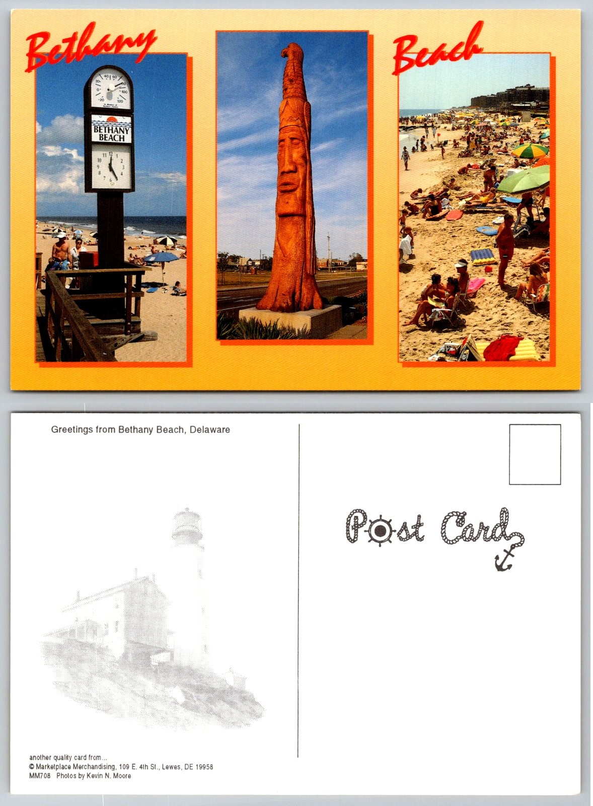 Continental Bethany Beach Delaware Beach Scene Totem Pole Clock Tower Postcard