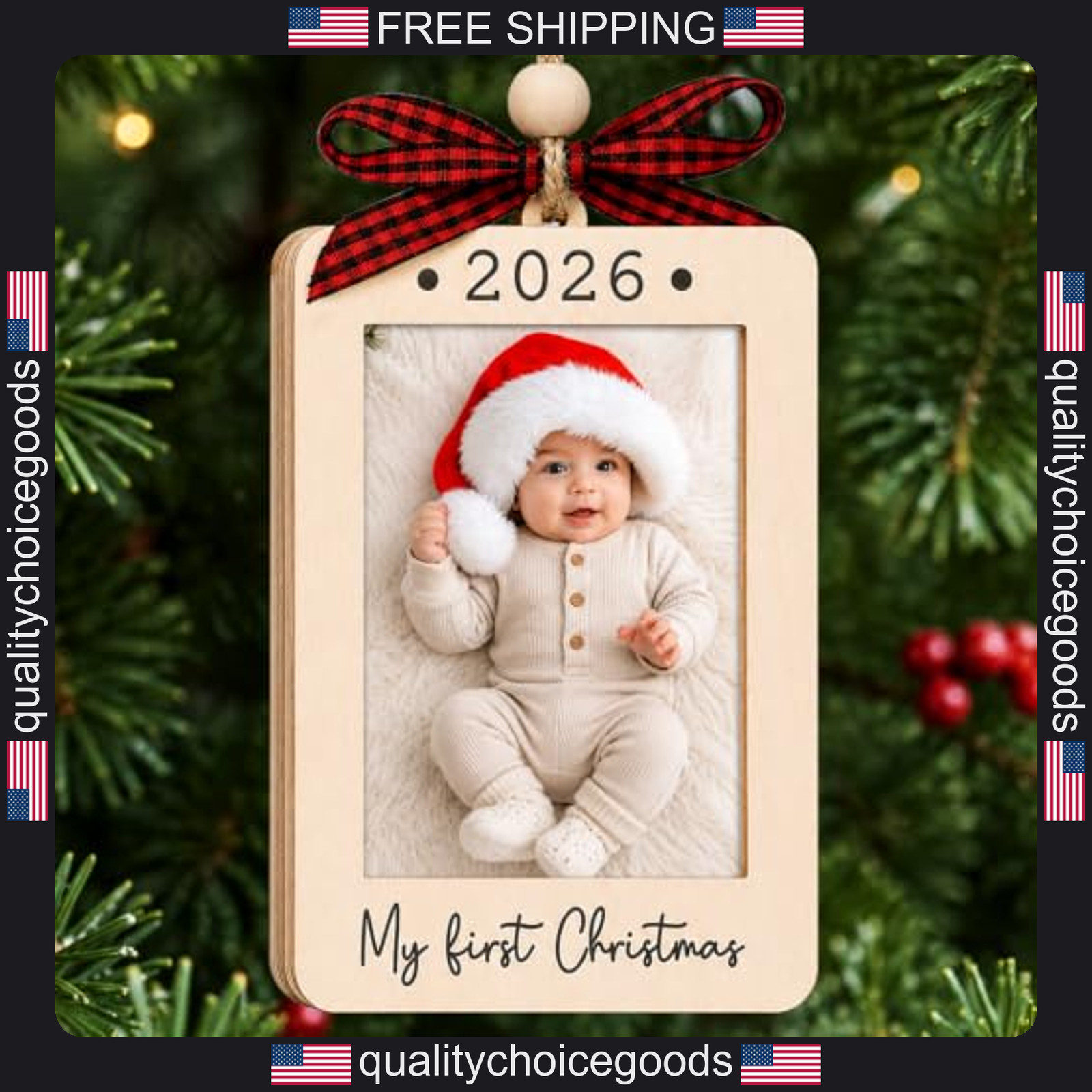 Baby\'s First Christmas Photo Frame Wooden Ornament 2026 with Plaid Bow