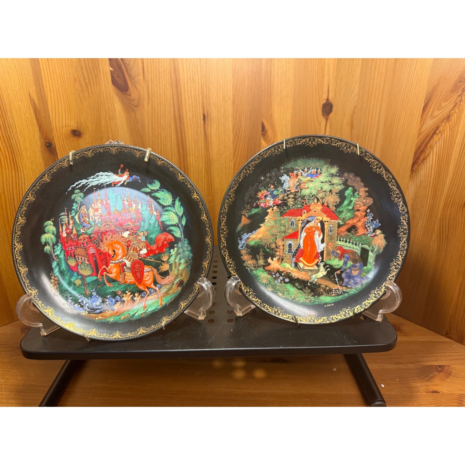 Vintage 1988 Russian Palekh Collector Plates Pushkin Fairytales Set of 2
