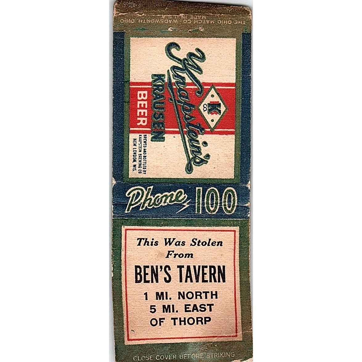 Ben\'s Tavern Thorp WI Vintage Matchbook Cover SC7-Y5