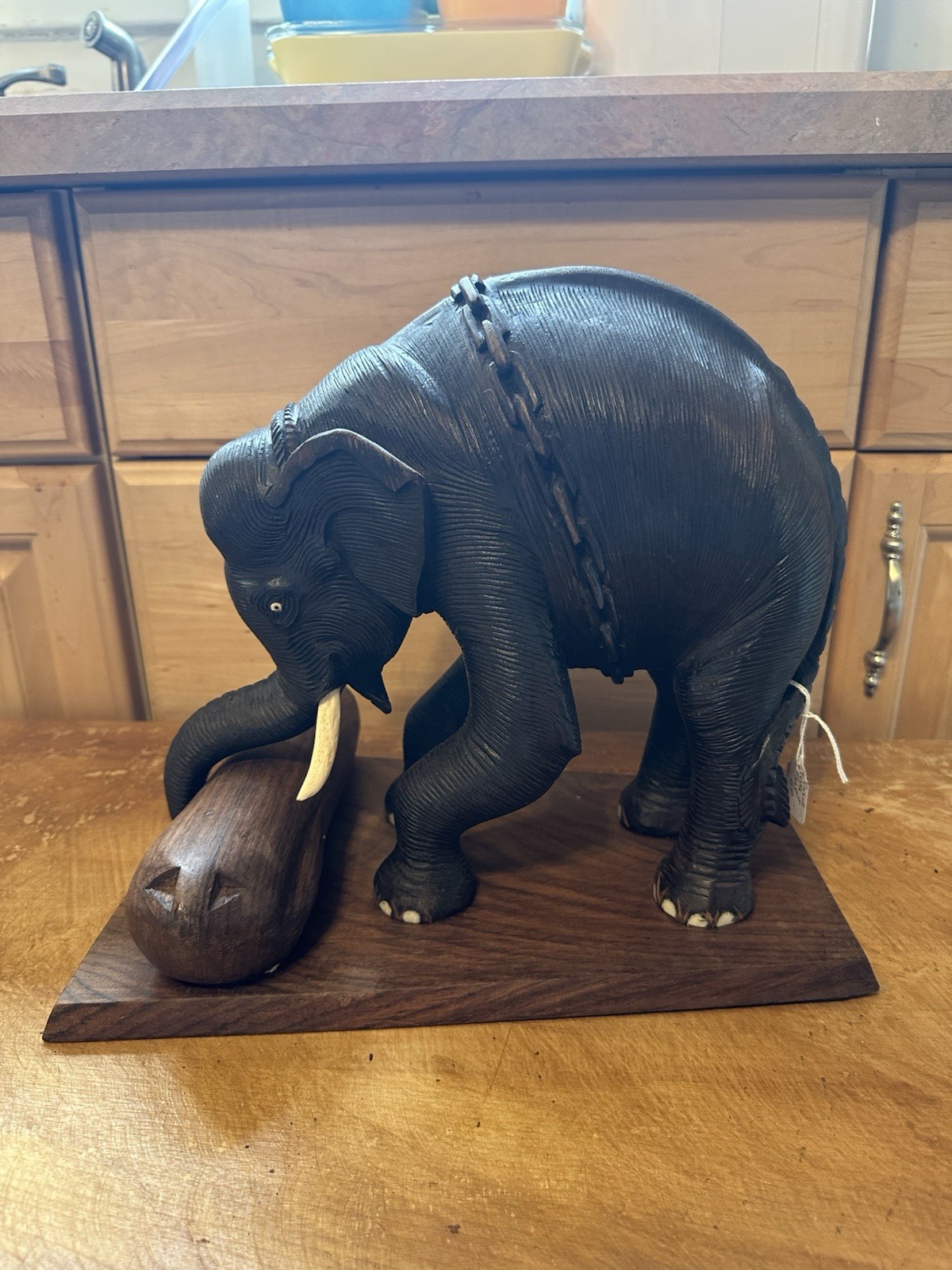 Vintage Hand Carved Elephant Sculpture With Log Wood Base Asian Art Figurine