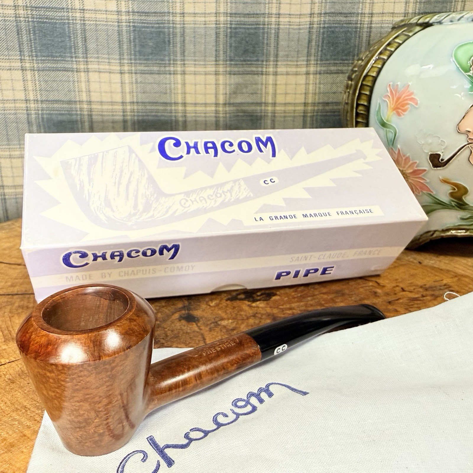 PRISTINE 1958-1963 UNSMOKED CHACOM Smooth Chimney w/ BOX & Sock Estate Pipe