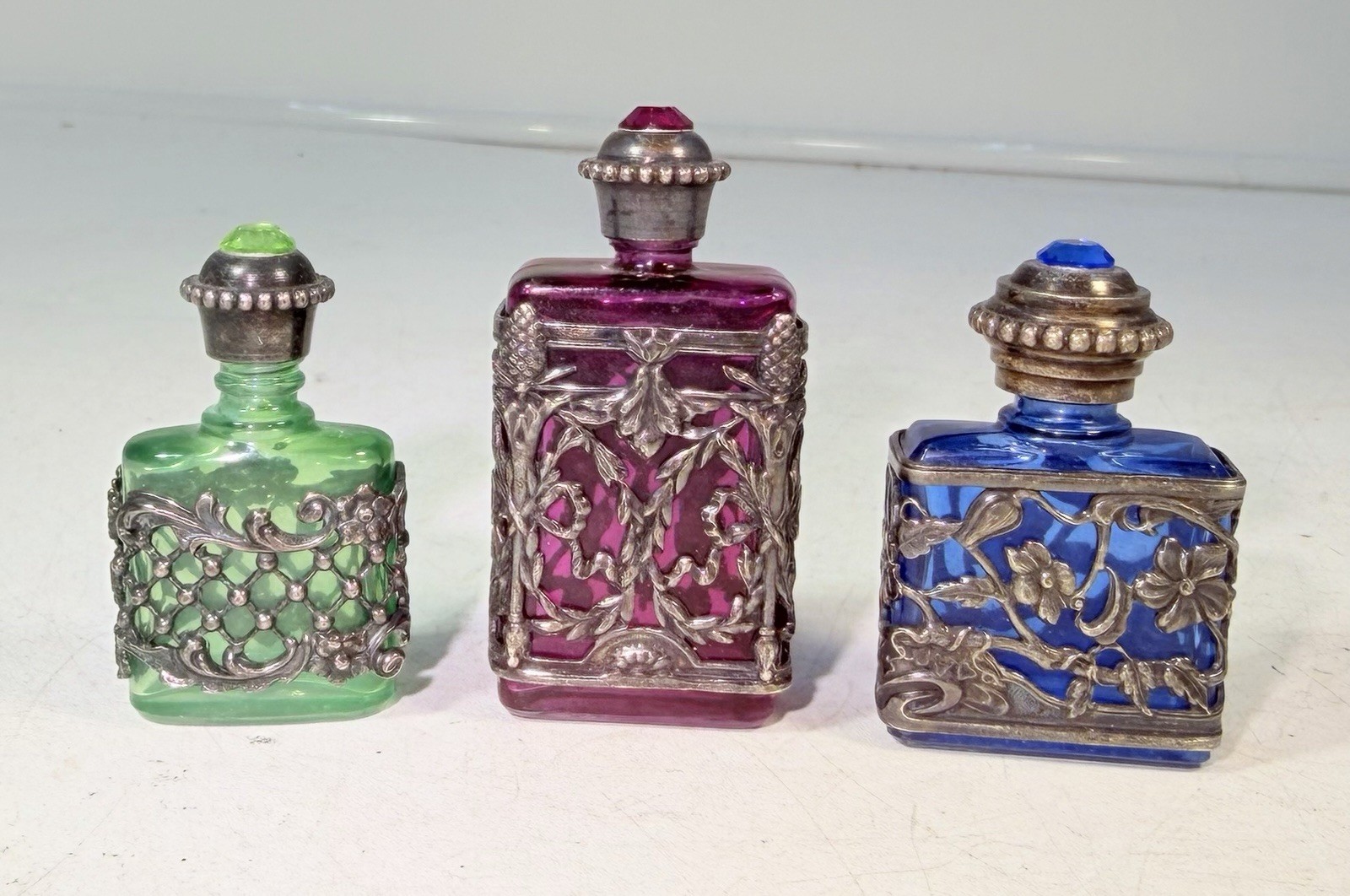 Three Antique French Art Nouveau Jeweled Perfume Bottles Filigree Metal Cage