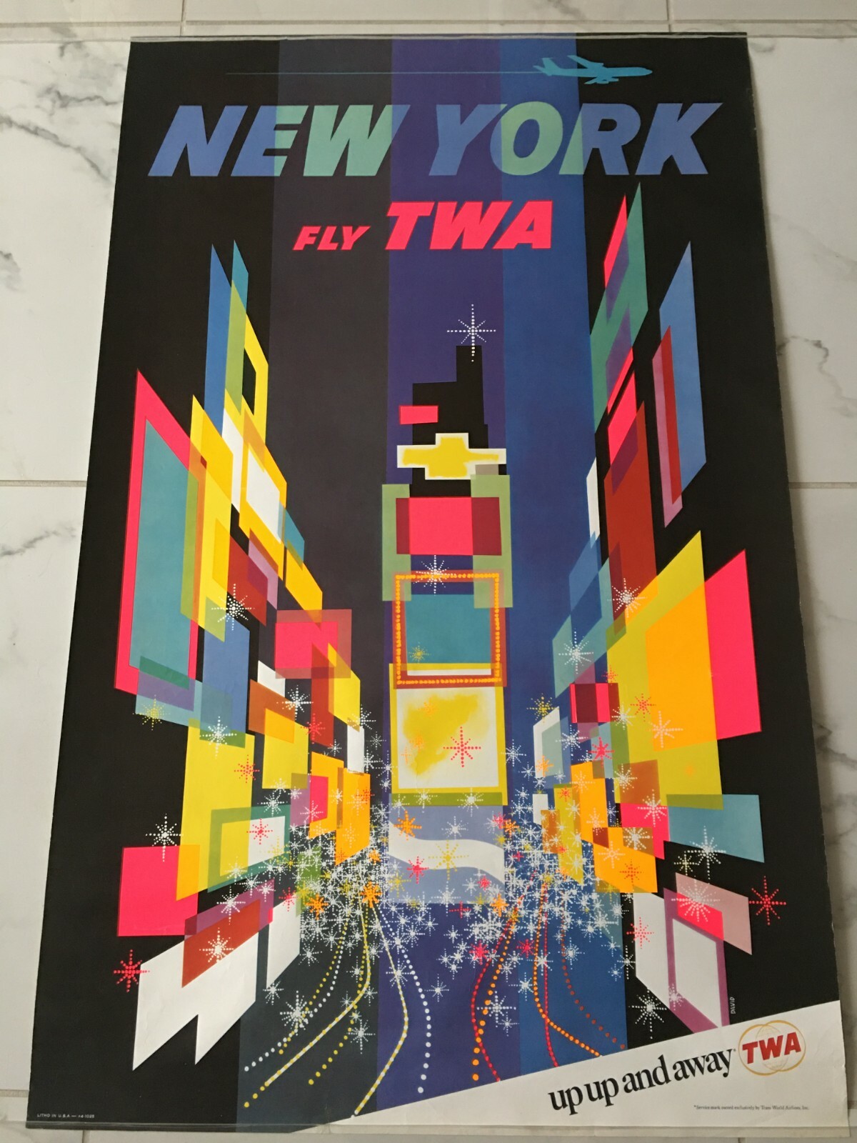 Original 60\'s FLY-TWA NEW YORK CITY\'S Times Square Travel Poster - DAVID KLEIN