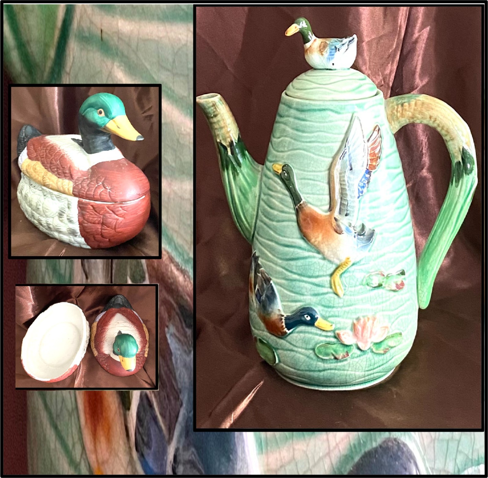 VINTAGE GREEN MALLARD DUCK AND LILLY PAD TEAPOT  & TRINKET MALLARD DISH SET