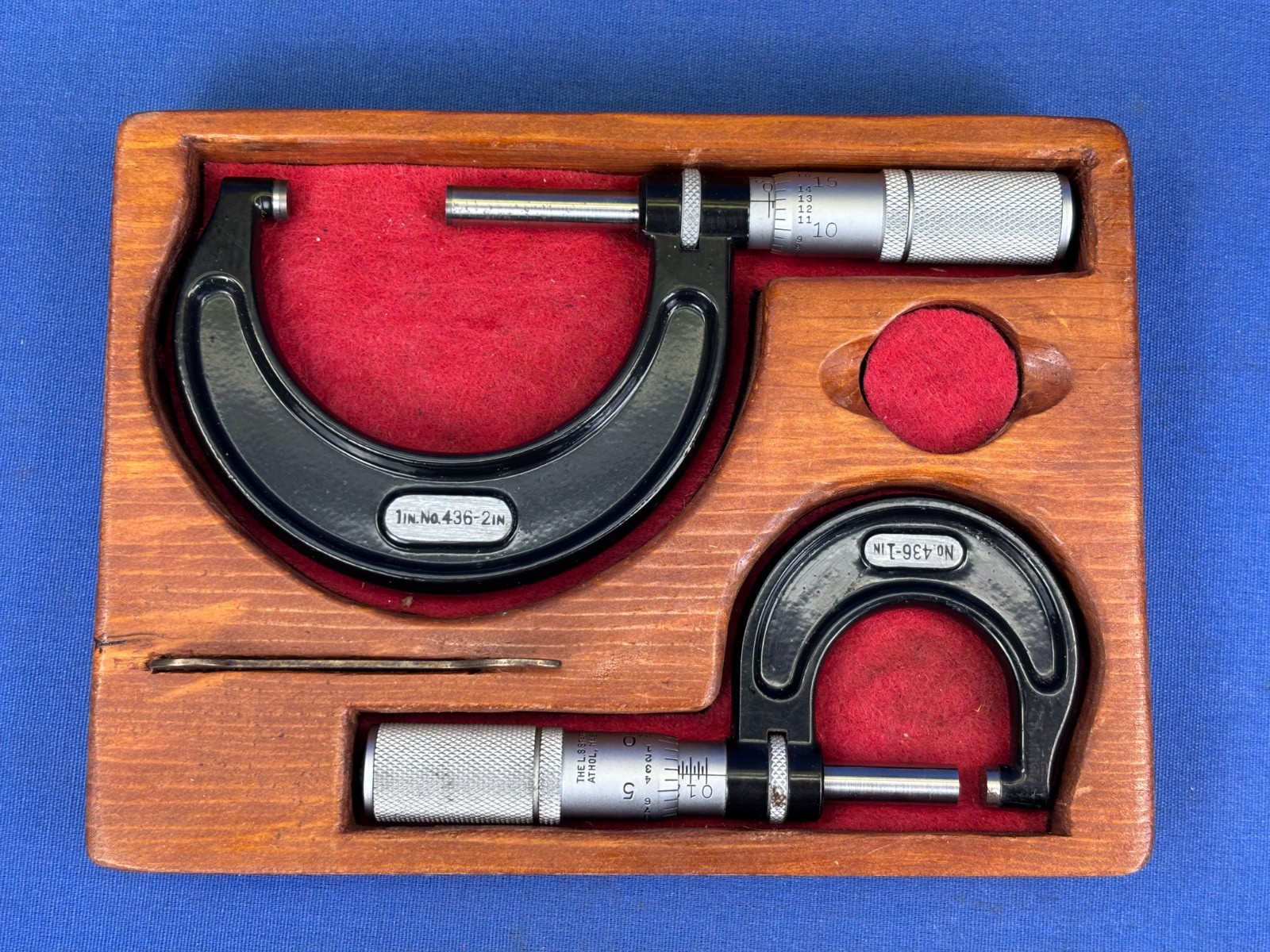 Vintage Starrett No. 436 Outside Micrometer Set of 2 w/ Fitted Wood Case.