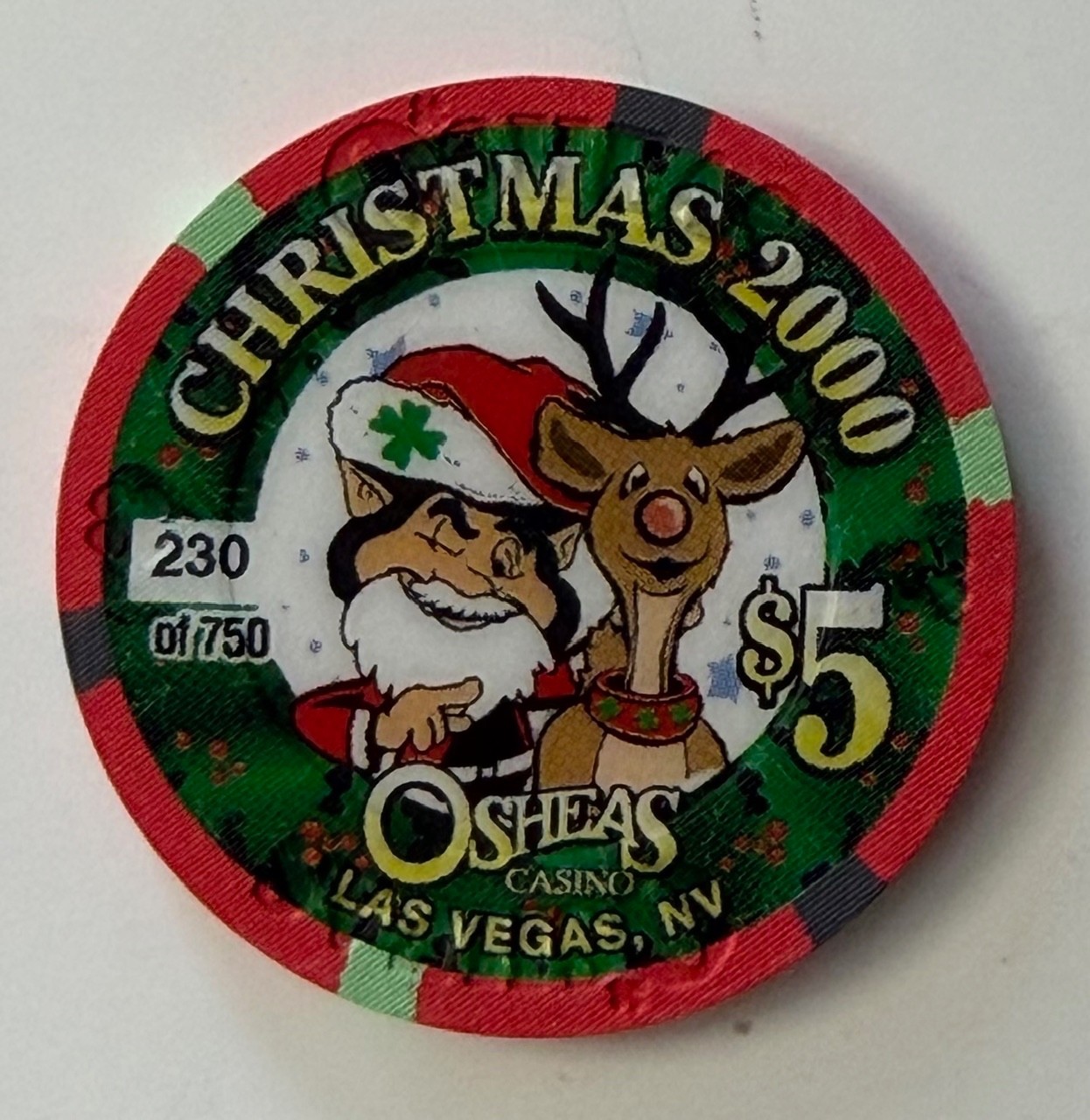 Osheas Las Vegas $5 Casino Chip Christmas 2000 Numbered 230 Santa