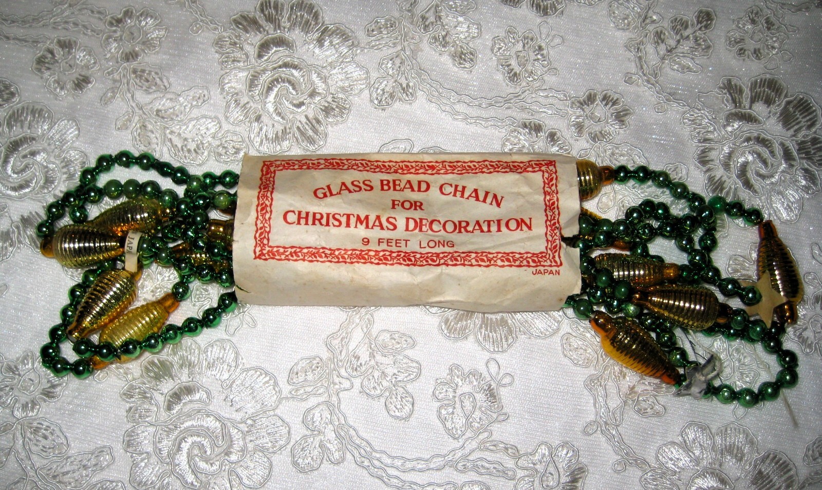 NEW 1950s Vintage Mercury Glass Garland Green & Gold Lantern Beads Japan 9FT
