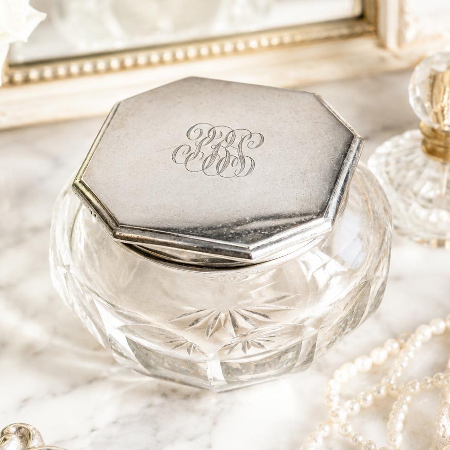 Beautiful Faceted Jewelry Box Vanity Jar Box Antique Sterling Silver Crystal