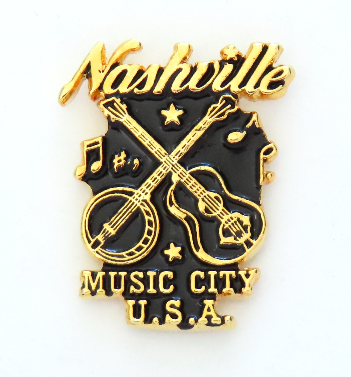 Nashville Music City USA Lapel Pin Vintage Tennessee Guitar Banjo Black Enamel