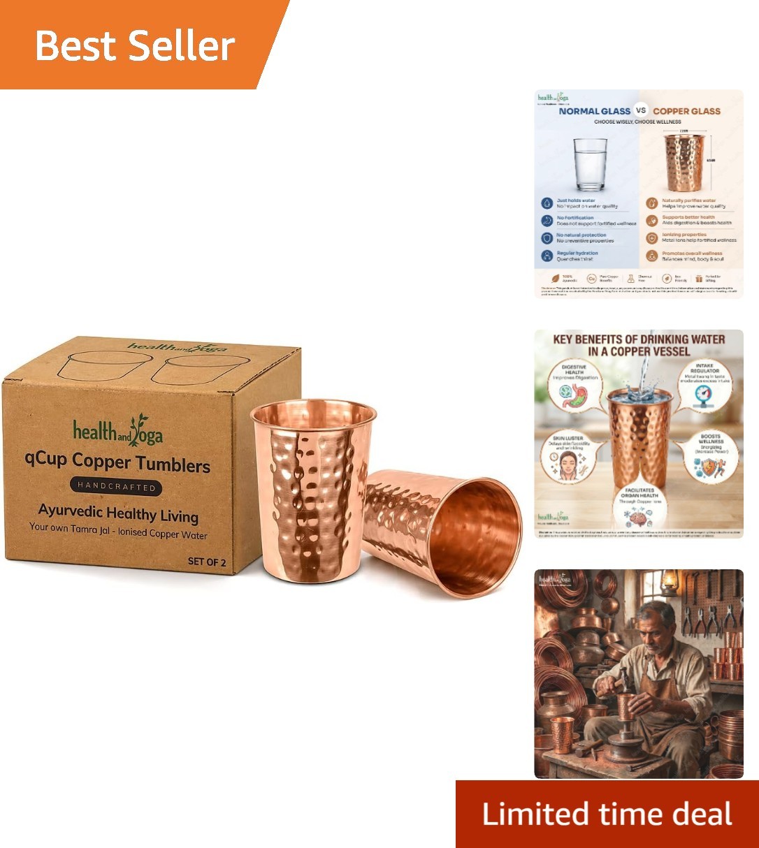 Lightweight Ayurvedic Copper Tumblers: 2 pcs. Set - Durable & Dishwasher Safe
