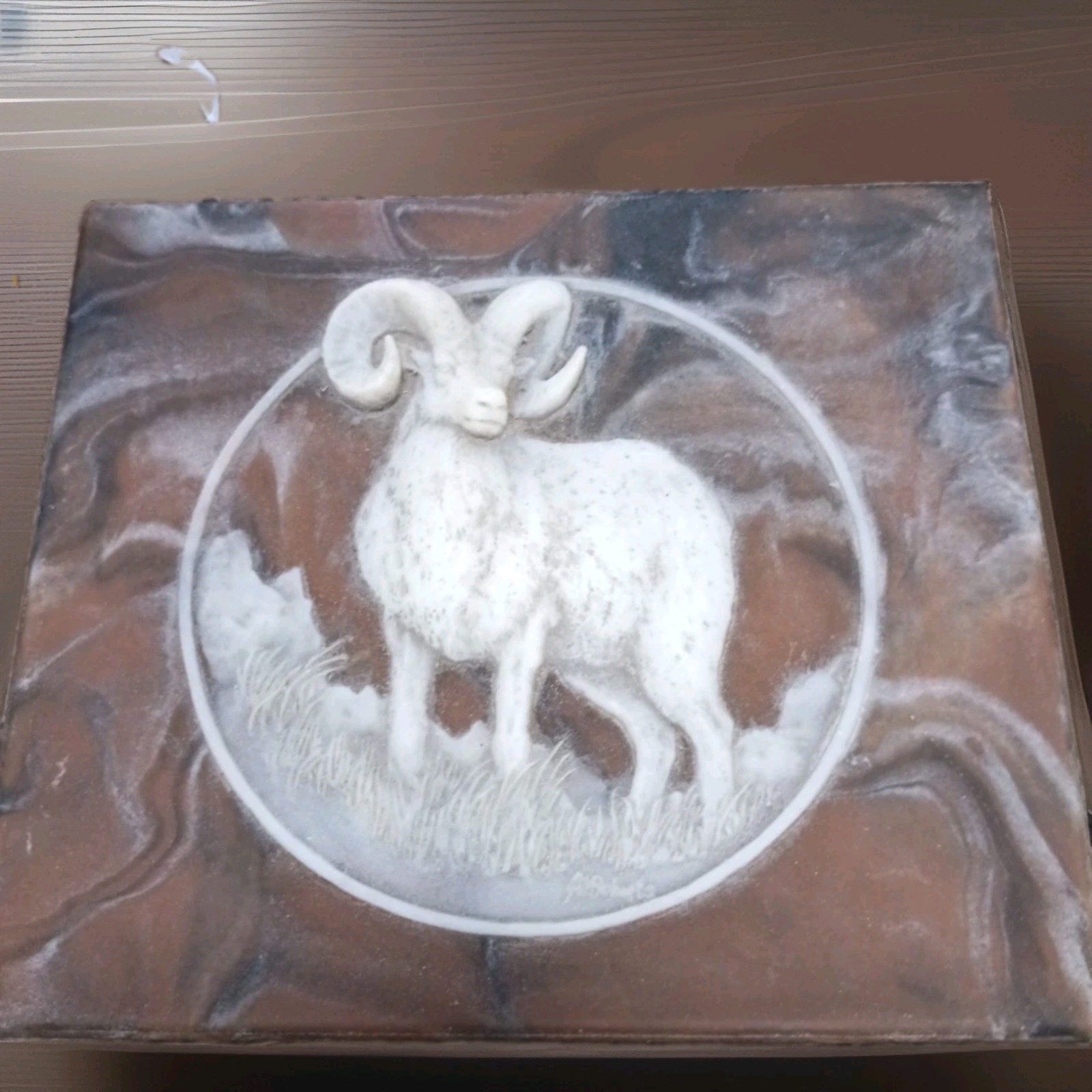 Vintage Incolay Stone Ram Big Horn Sheep Jewelry Trinket Box Trees Brown Lid 