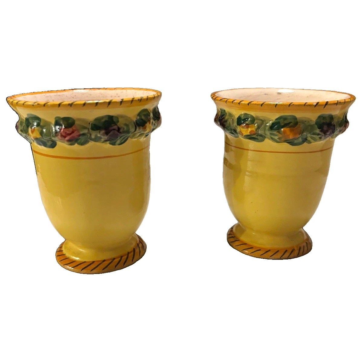 Pr Vintage Italian Majolica Mini Pedestal Cachepots – Applied Fruit & Leaves