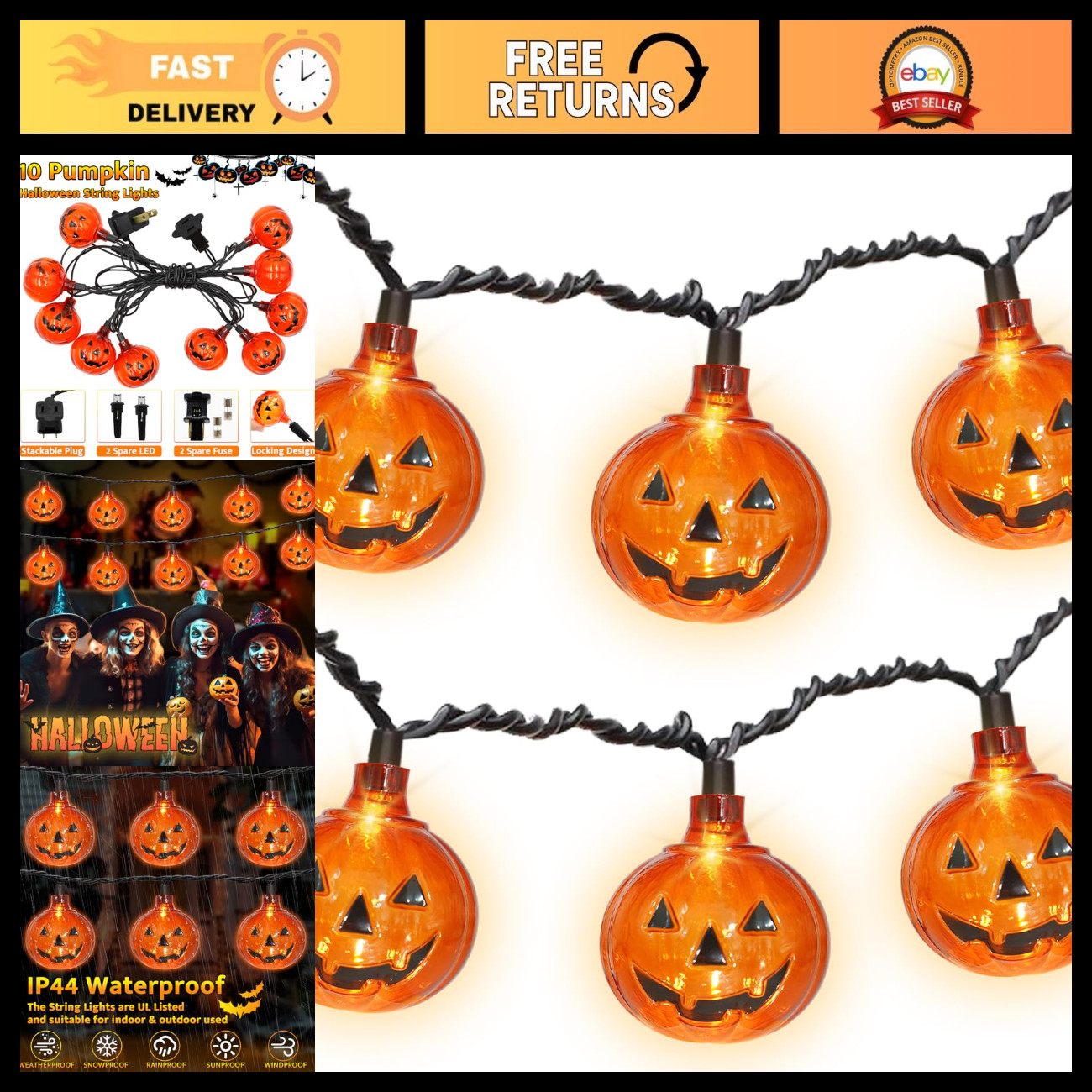 8.5Ft Halloween Lights, Pumpkin LED String Lights with 10 PCS Jack O Lantern Pum