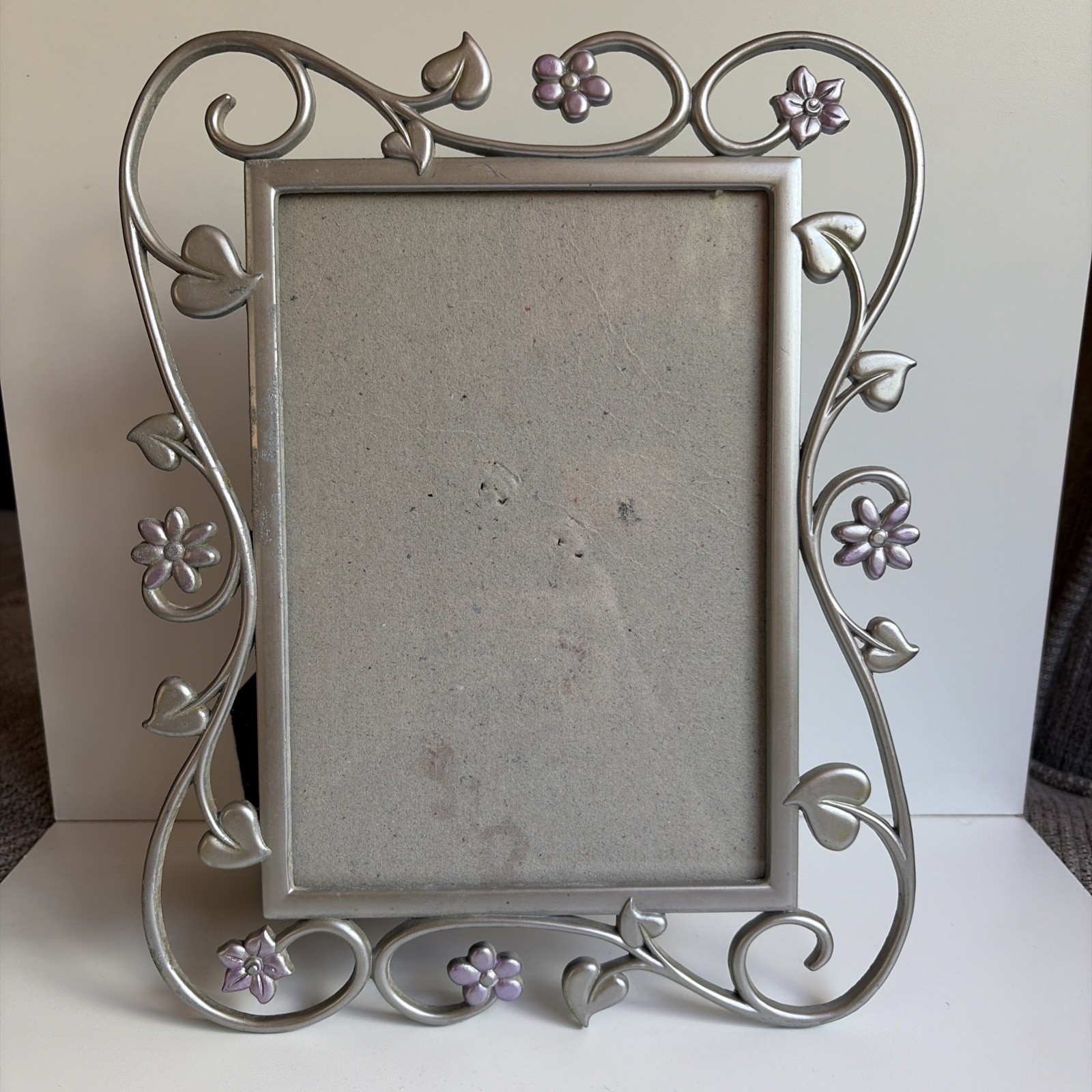 Connoisseur Vintage 90s Silver Metal Picture Frame Floral Purple Accents 4x6