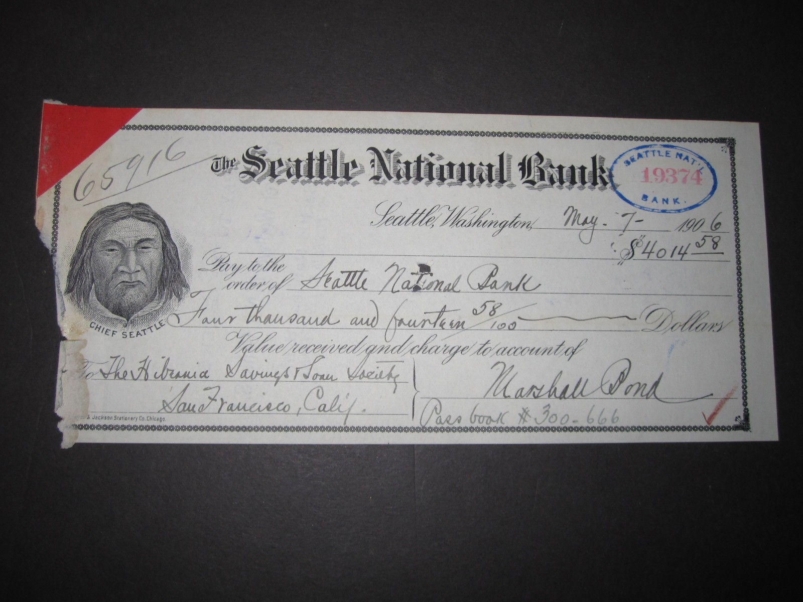 vTg 1906 Seattle WASH Bank Check Gold Rush fame Marshall Bond signed mining RARE