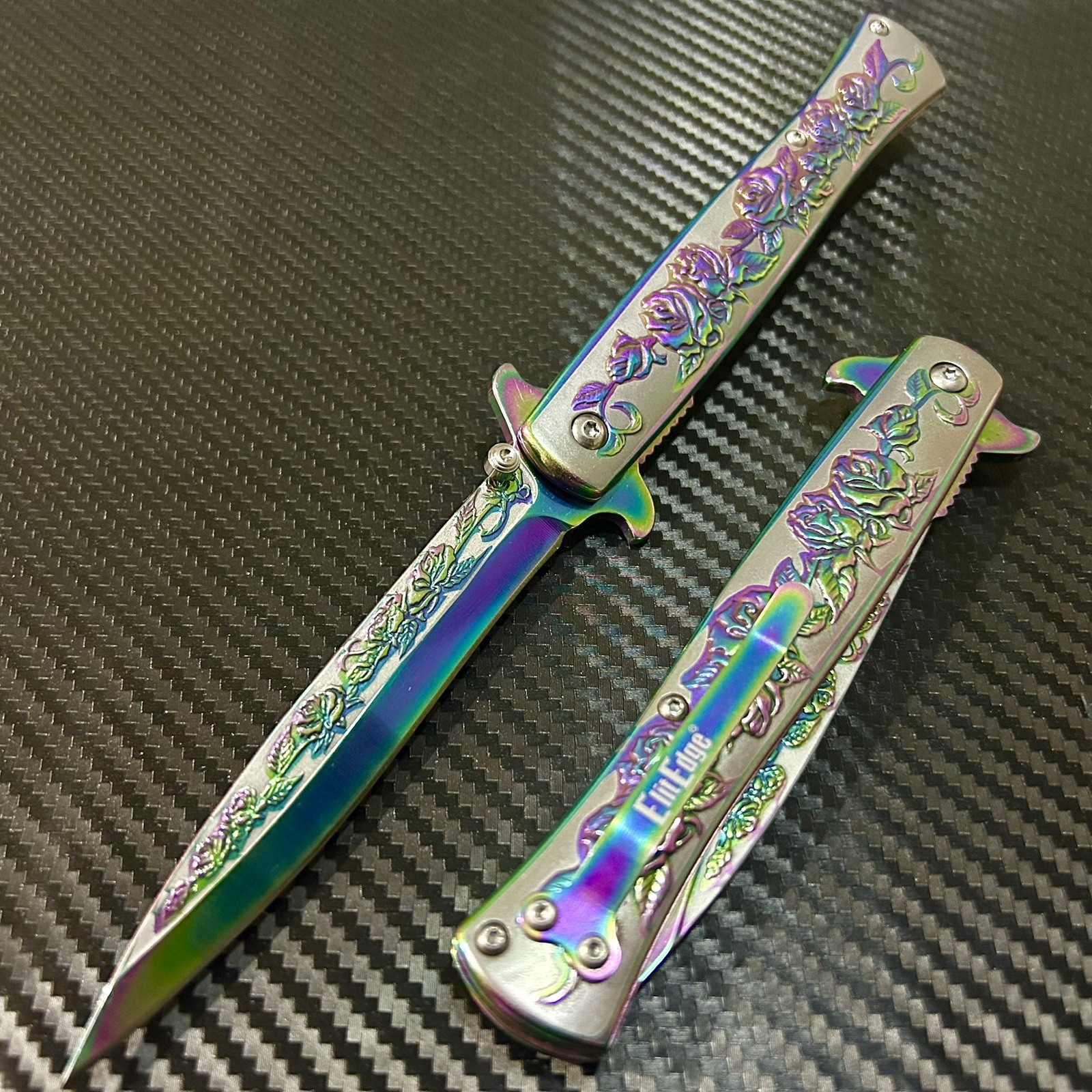 9” Rainbow Rose Flower Tactical Spring Assisted Open Blade Folding Pocket Knife