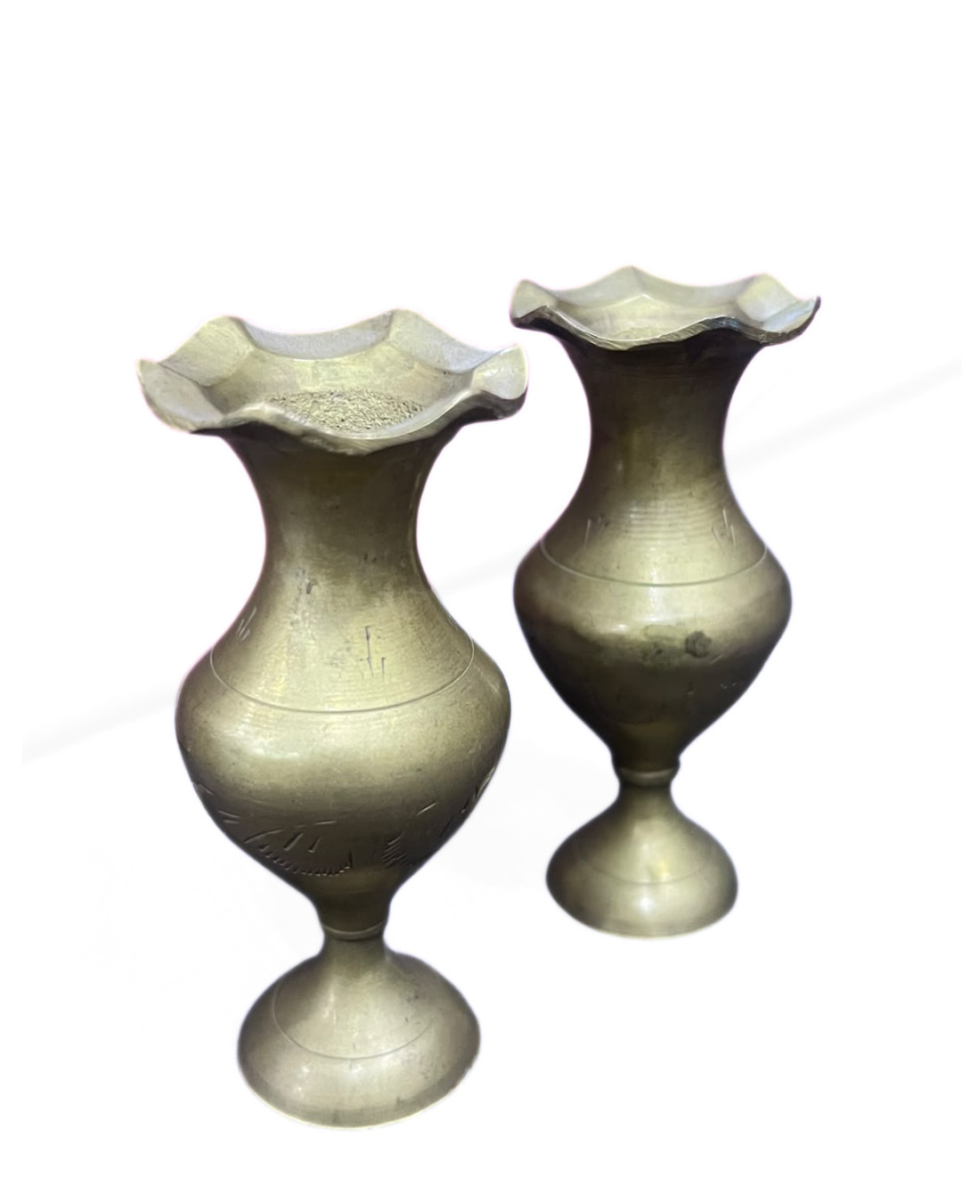 Vintage Brass Bud Vases Pair Hand-Engraved Pedestal Miniature Antique Decor