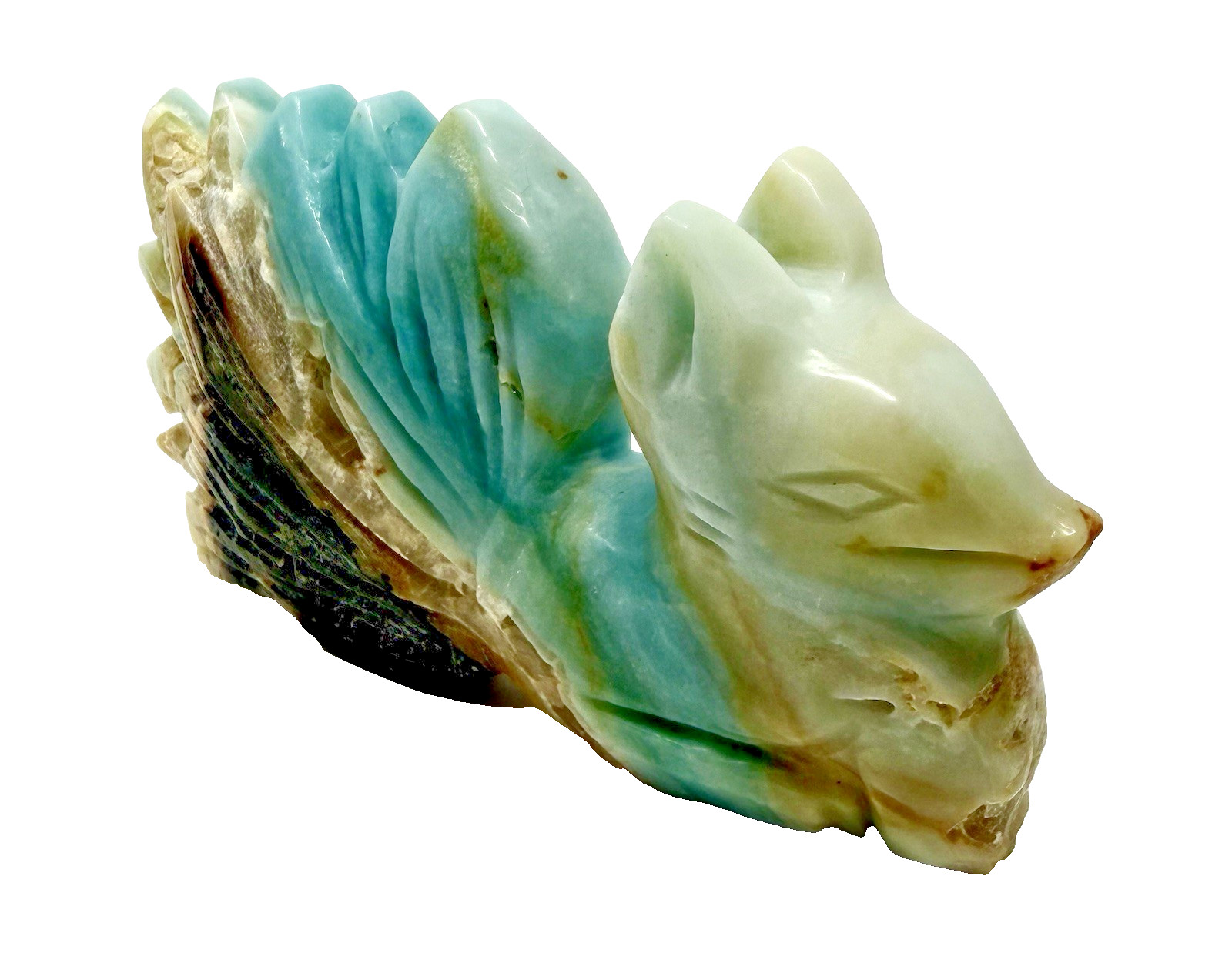 332g Cute Blue Caribbean Calcite 9 Tail Fox Crystal Carving Druzy Tail