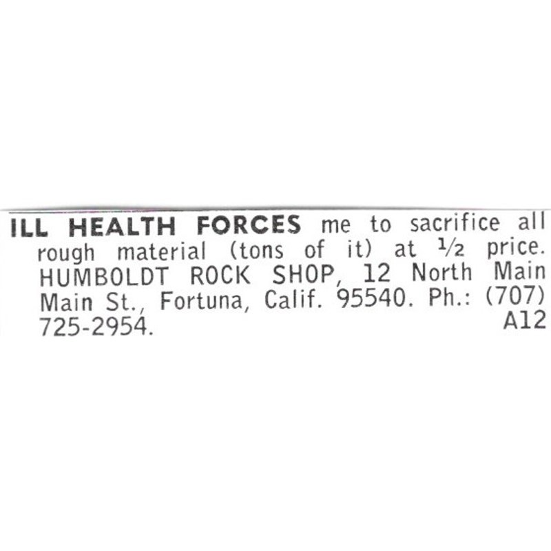 Humboldt Rock Shop Ill Health Fortuna California 1972 Ad AF8-S17